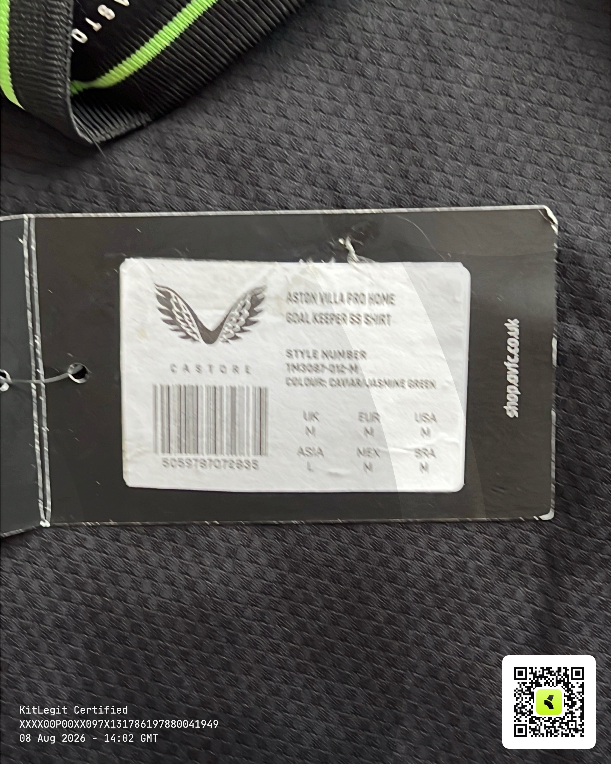 Authenticity evidence image of Aston Villa 2023/24 Castore Home Goalkeeper Pro Shirt (BK8) - Men's Medium