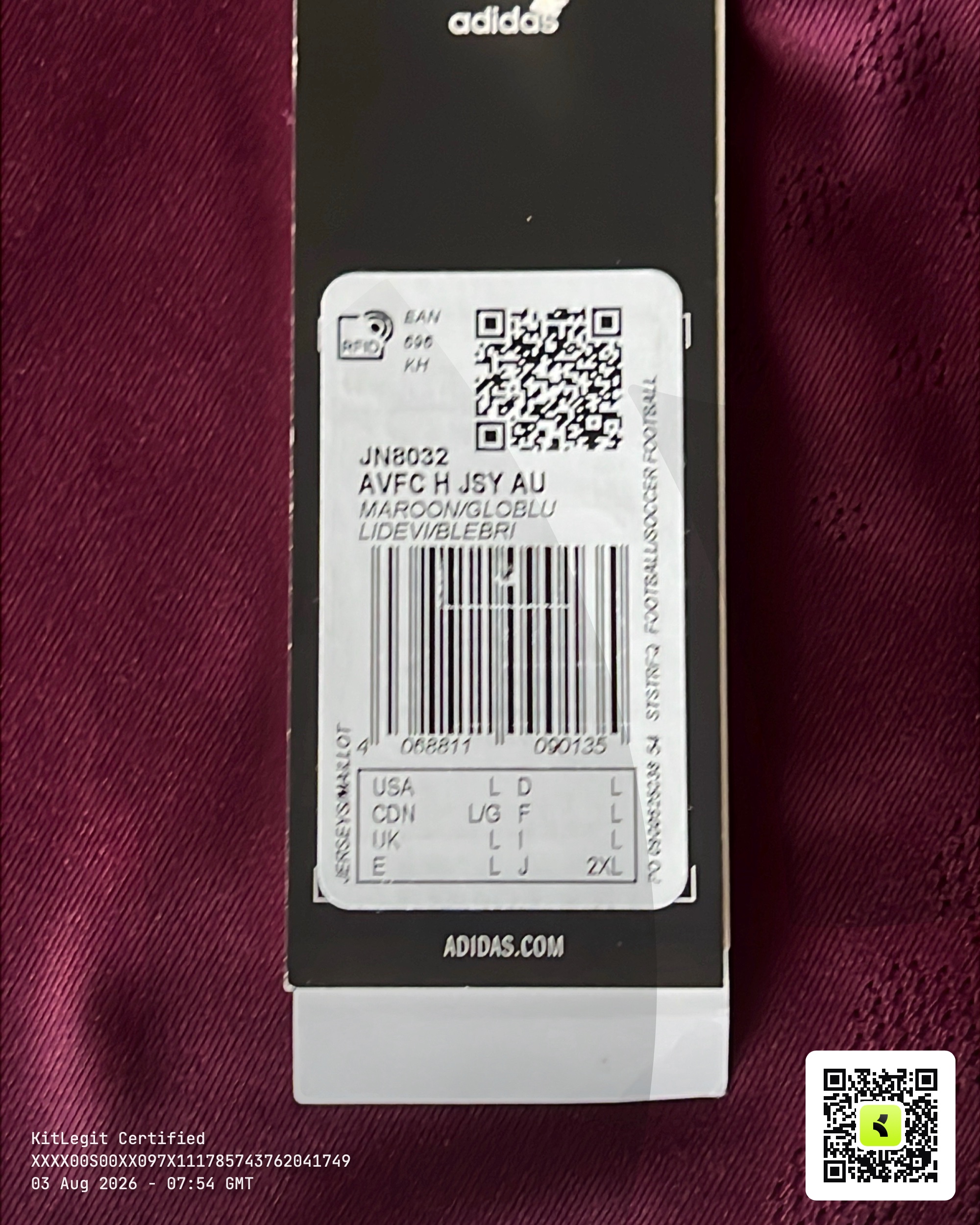 Authenticity evidence image of Aston Villa 2025/26 Adidas Home Pro Shirt (Betano) - Men's Large