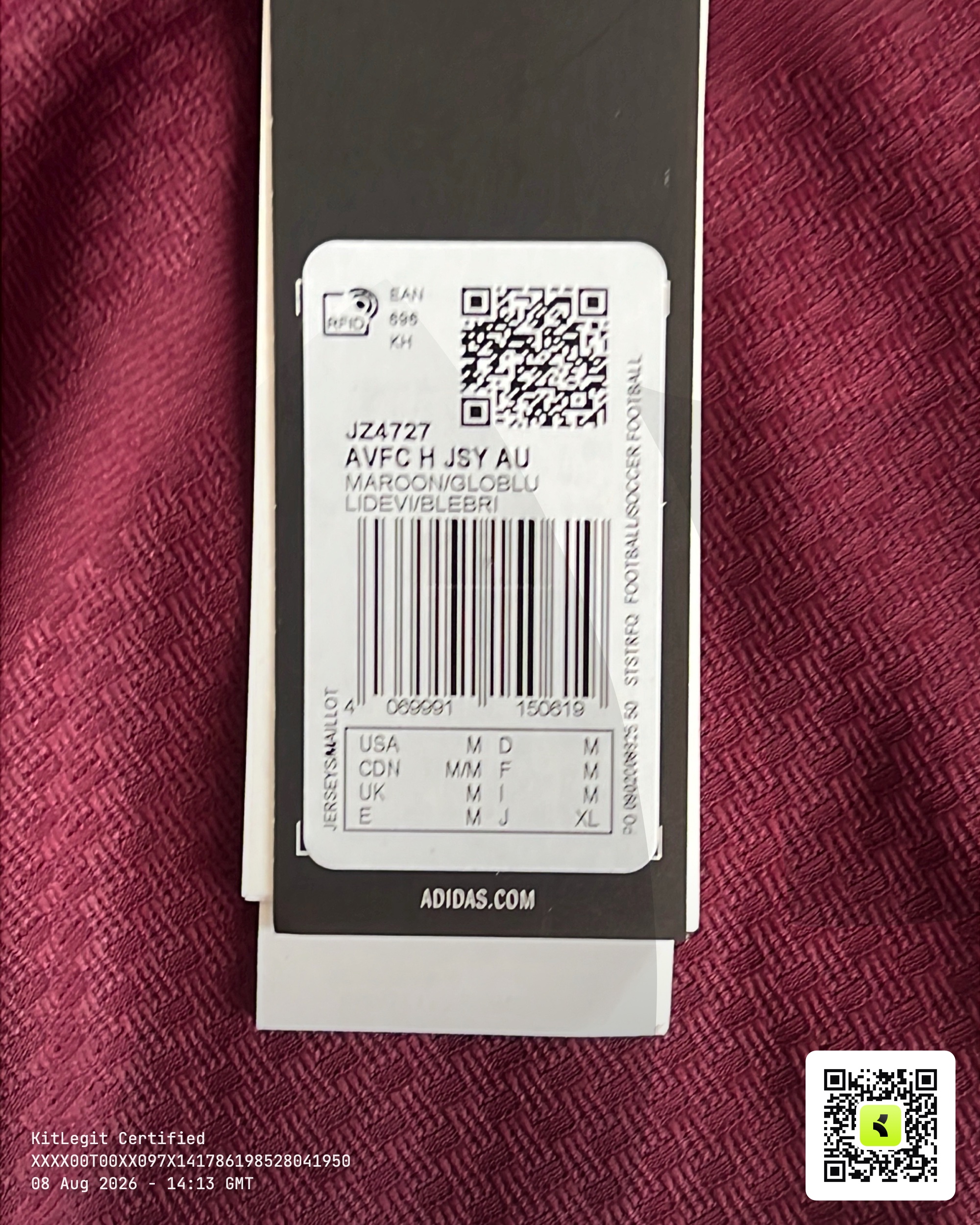 Authenticity evidence image of Aston Villa 2026/27 Adidas Home Pro Shirt - Men's Medium