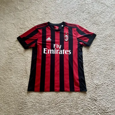 Front view of AC Milan 2017/18 Adidas Home Shirt (Fly Emirates) - Men's Medium